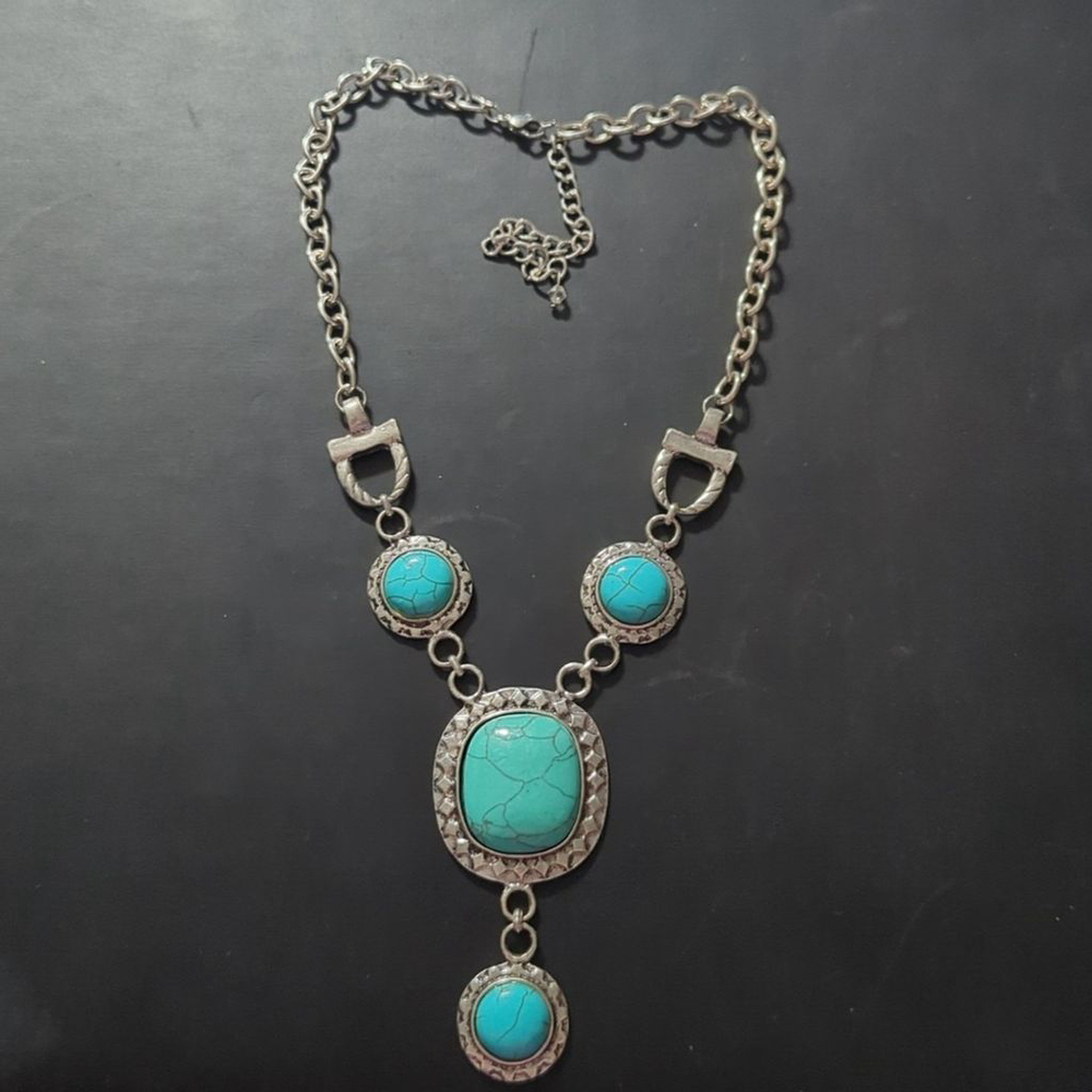 Silver Tone Blue Faux Turquoise Drop Pendant Statement Necklace